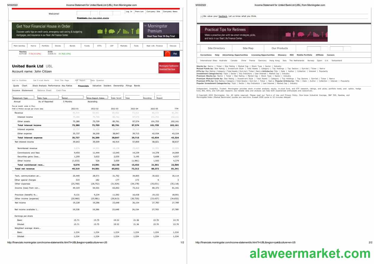 United Kingdom United Bank Ltd (UBL) bank incoming statement, Word and PDF template, 2 pages